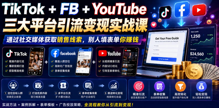 TikTok+FB+YouTube三大平台引流变现实战课，通过社交媒体获取销售线索，别人填表单你賺钱【原创双语字幕】-hcnxn