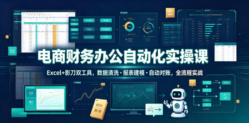 电商财务办公自动化实操课，Excel+影刀双工具，数据清洗・报表建模・自动对账，全流程实战-hcnxn