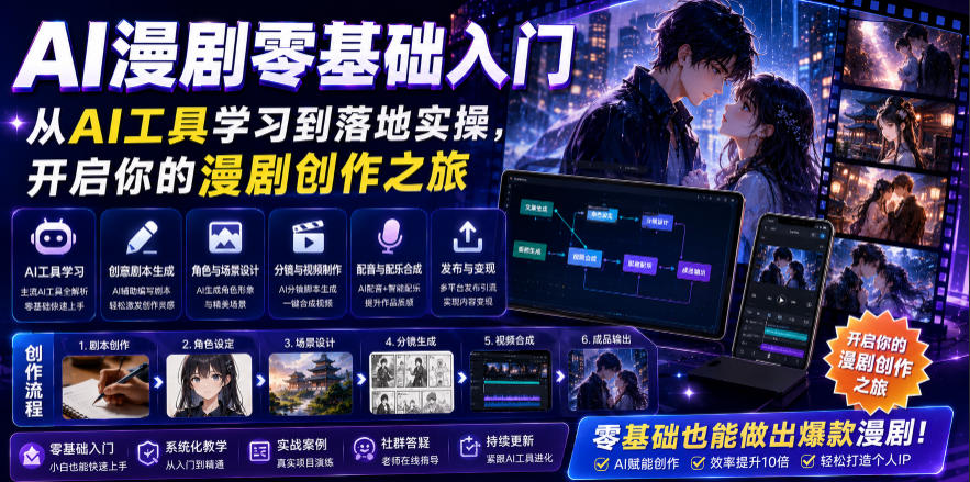 AI漫剧零基础入门，从AI工具学习到落地实操，开启你的漫剧创作之旅-hcnxn
