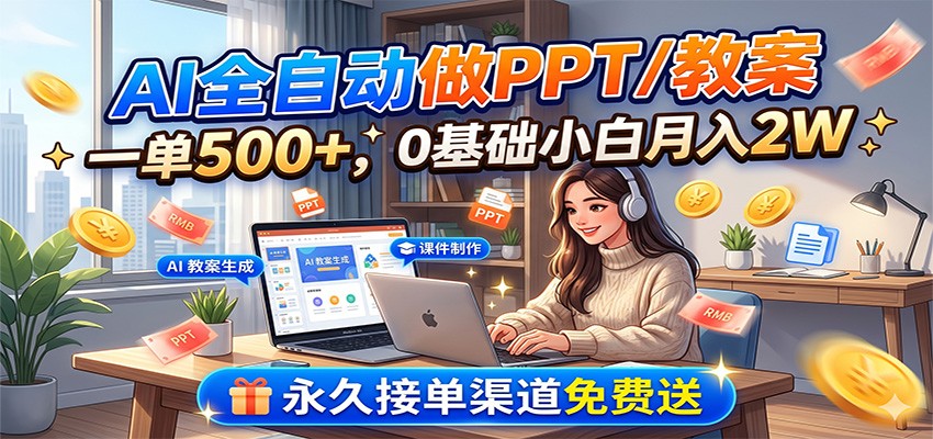 AI全自动做PPT/教案，一单500+，0基础小白月入2W，永久接单渠道免费送-hcnxn