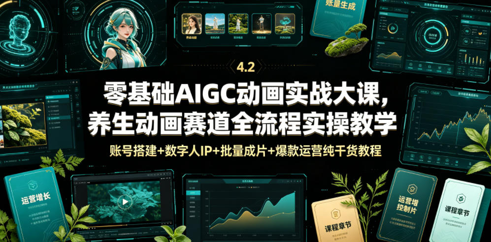 零基础AIGC动画实战大课，养生动画赛道全流程实操教学，账号搭建+数字人IP+批量成片+爆款运营纯干货教程-hcnxn