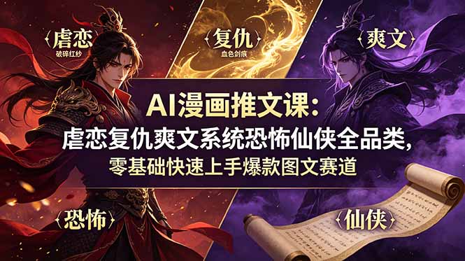 AI漫画推文课：虐恋复仇爽文系统恐怖仙侠全品类，零基础快速上手爆款图文赛道-hcnxn