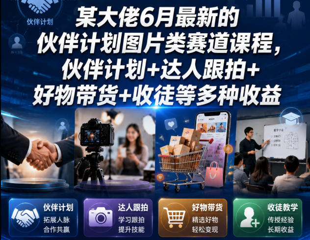 某大佬6月最新的伙伴计划图片类赛道课程，伙伴计划+达人跟拍+好物带货+收徒等多种收益-hcnxn