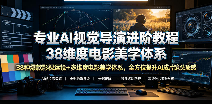 专业AI视觉导演进阶教程，38种爆款影视运镜+多维度电影美学体系，全方位提升AI成片高级感与镜头质感-hcnxn
