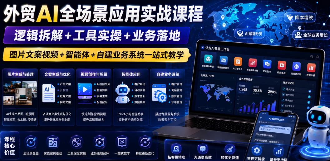 外贸AI全场景应用实战课程｜逻辑拆解+工具实操+业务落地，图片文案视频+智能体+自建业务系统一站式教学-hcnxn