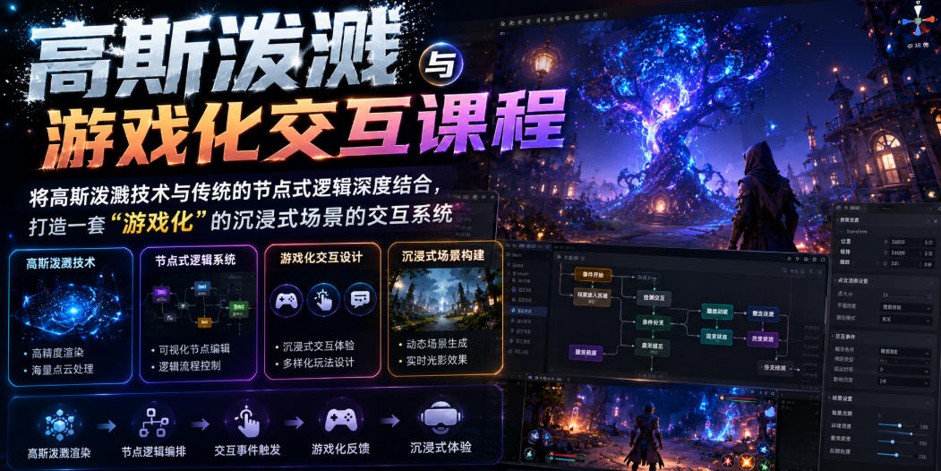 高斯泼溅与游戏化交互课程，将高斯泼溅技术与传统的节点式逻辑深度结合，打造一套“游戏化”的沉浸式场景的交互系统-hcnxn