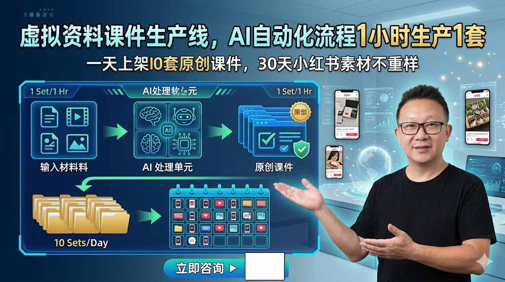 虚拟资料课件生产线，AI自动化流程1小时生产1套，一天上架10套原创课件，30天小红书素材不重样-hcnxn