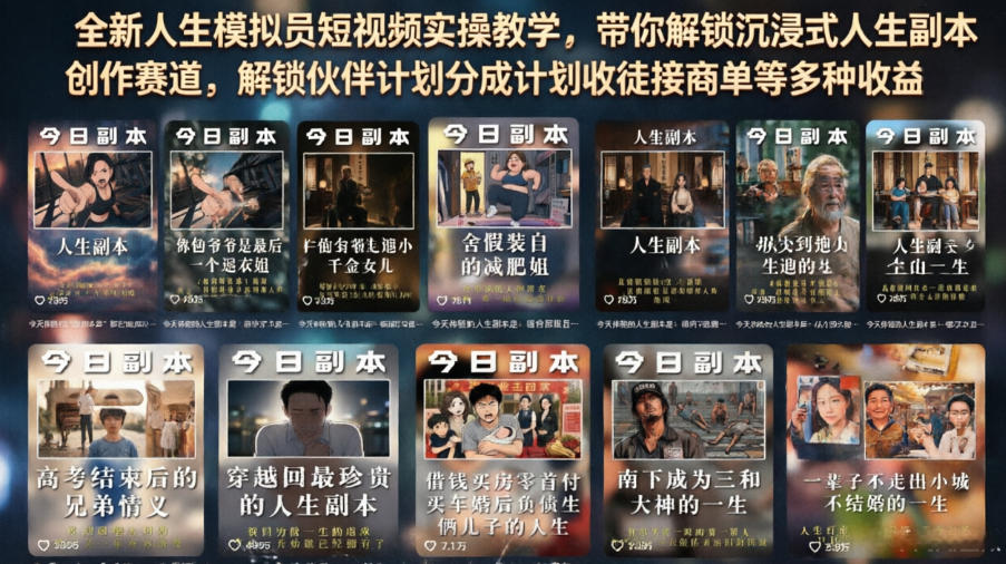 全新人生模拟员短视频实操教学，带你解锁沉浸式人生副本创作赛道，解锁伙伴计划分成计划收徒接商单等多种收益-hcnxn