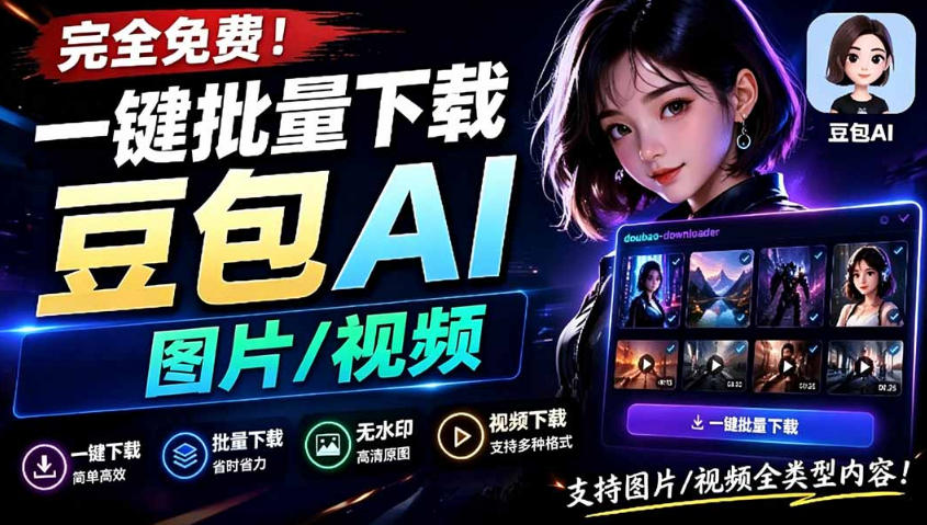 Github最新发布！一键批量下载豆包AI无水印图片/视频，简单易用，自动解析提示词-hcnxn