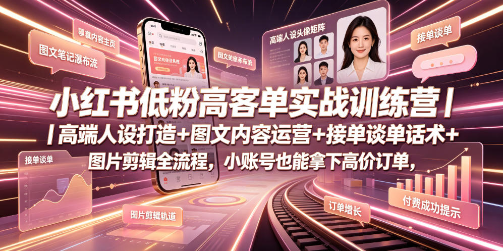 小红书低粉高客单实战训练营｜高端人设打造+图文内容运营+接单谈单话术+图片剪辑全流程，小账号也能拿下高价订单-hcnxn