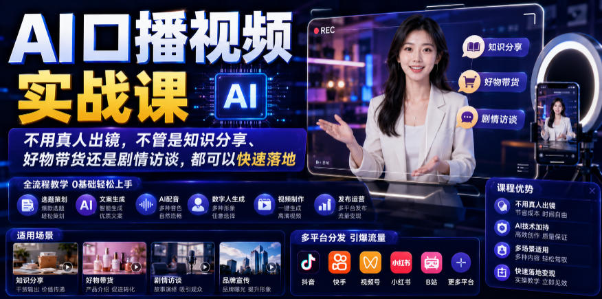 AI口播视频实战课，不用真人出镜，不管是知识分享、好物带货还是剧情访谈，都可以快速落地-hcnxn