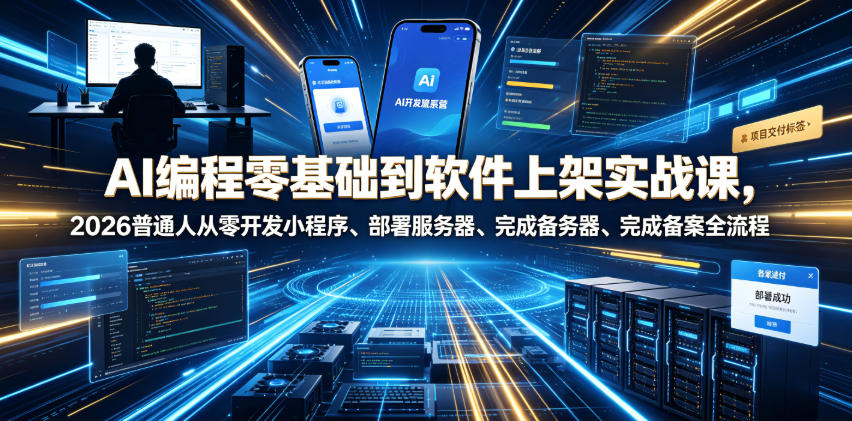 AI编程零基础到软件上架实战课，2026普通人从零开发小程序、部署服务器、完成备案全流程项目落地教程-hcnxn