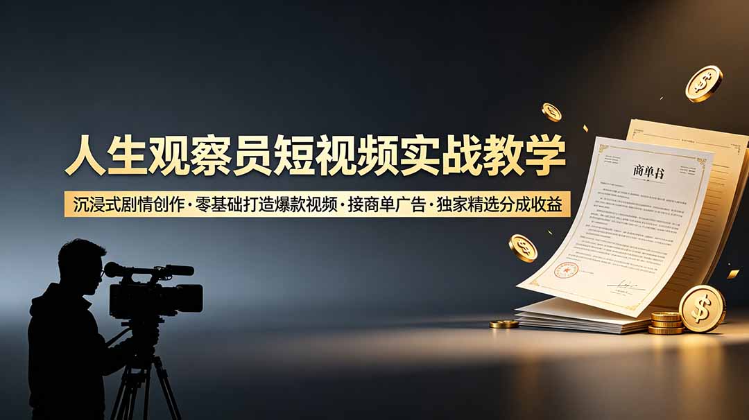人生观察员短视频实战教学，沉浸式剧情创作，零基础打造爆款视频，接商单广告，独家精选分成收益-hcnxn