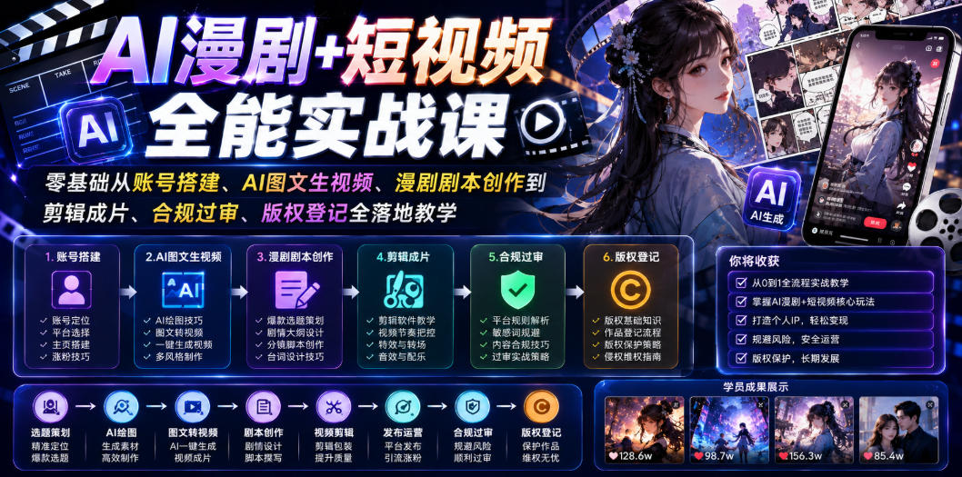 AI漫剧+短视频全能实战课｜零基础从账号搭建、AI图文生视频、漫剧剧本创作到剪辑成片、合规过审、版权登记全落地教学-hcnxn