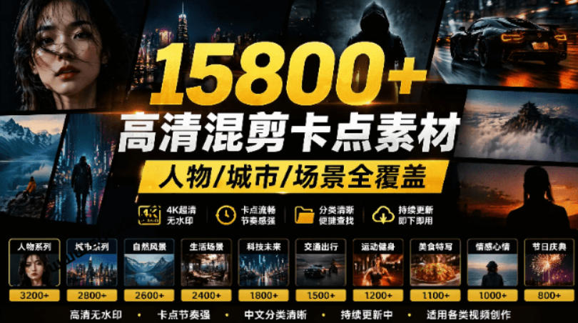 【影视剪辑素材合集】15800+高清混剪卡点｜热门影视精彩片段｜人物/城市/场景全覆盖，中文分类清晰-hcnxn