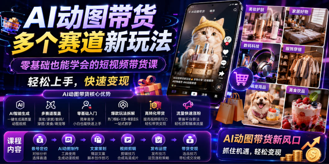 AI动图带货多个赛道新玩法，零基础也能学会的短视频带货课，轻松上手，快速变现-hcnxn