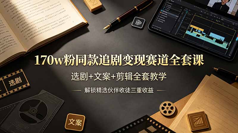 170w粉博主同款追剧变现赛道全套课，选剧+文案+剪辑全套教学，解锁精选伙伴收徒三重收益-hcnxn