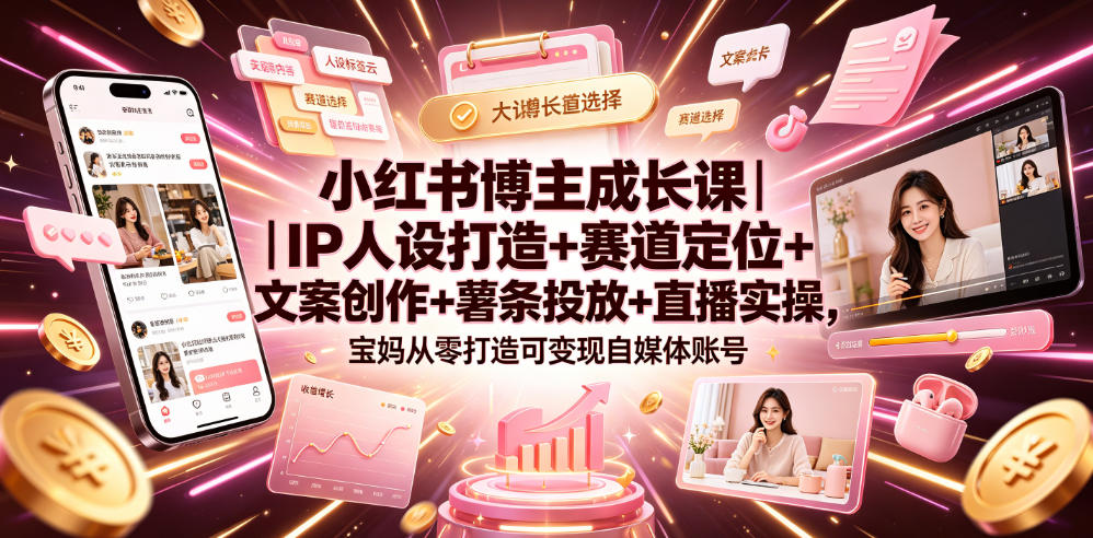 小红书博主成长课｜IP人设打造+赛道定位+文案创作+薯条投放+直播实操，宝妈从零打造可变现自媒体账号-hcnxn
