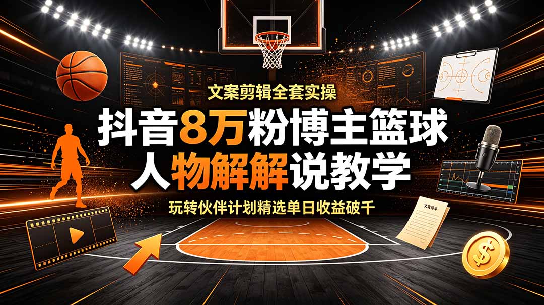 抖音8万粉博主篮球人物解说教学，文案剪辑全套实操，玩转伙伴计划精选单日收益破千-hcnxn