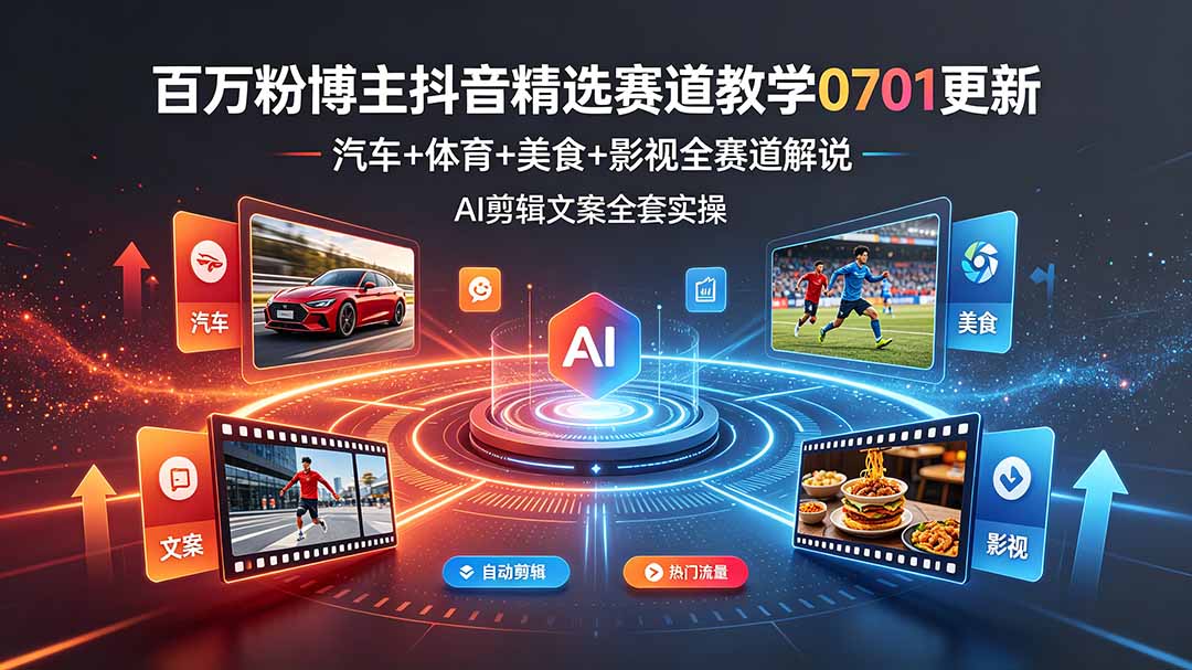 百万粉博主抖音精选赛道教学-0701更新，汽车+体育+美食+影视全赛道解说，AI剪辑文案全套实操-hcnxn