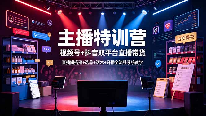 主播特训营：视频号+抖音双平台直播带货，直播间搭建+选品+话术+开播全流程系统教学-hcnxn