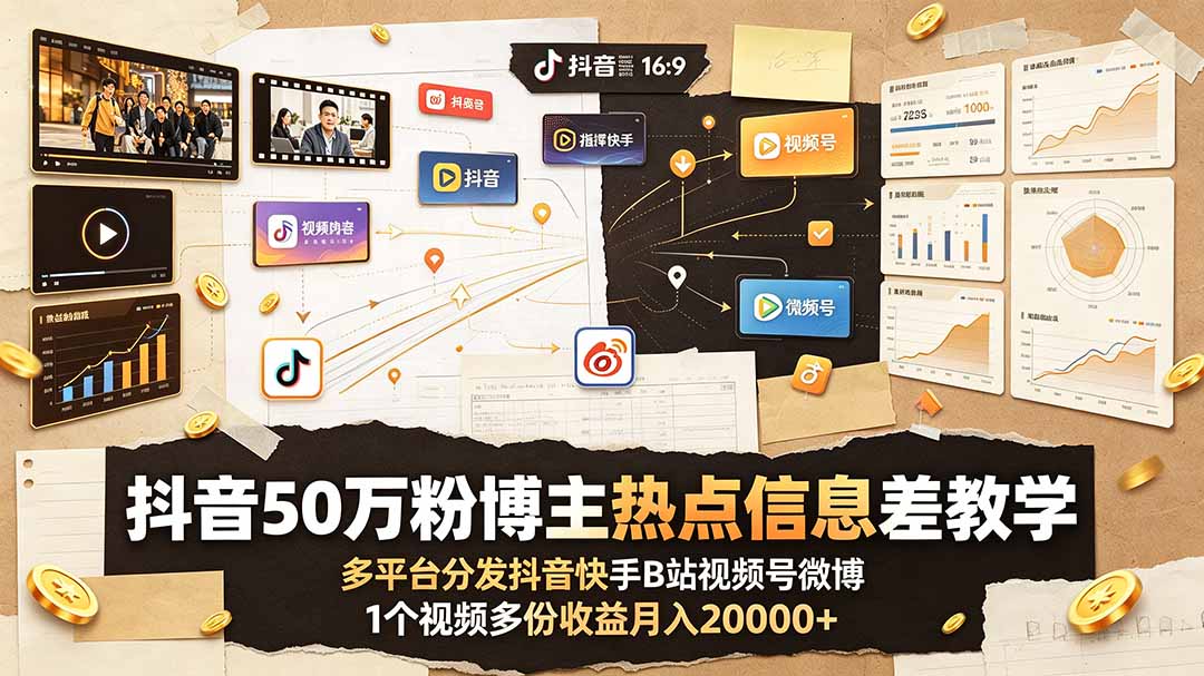 抖音50万粉博主热点信息差教学：多平台分发抖音快手B站视频号微博，1个视频多份收益月入20000+-hcnxn