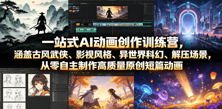 一站式AI动画创作训练营，涵盖古风武侠、影视风格、异世界科幻、解压场景，从零自主制作高质量原创短篇动画-hcnxn