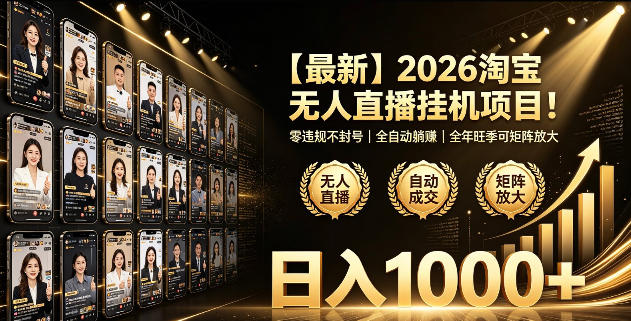 2026淘宝无人直播挂播项目！零违规不封号，全自动躺賺，全年旺季可矩阵放大，日入1000+【揭秘】-hcnxn