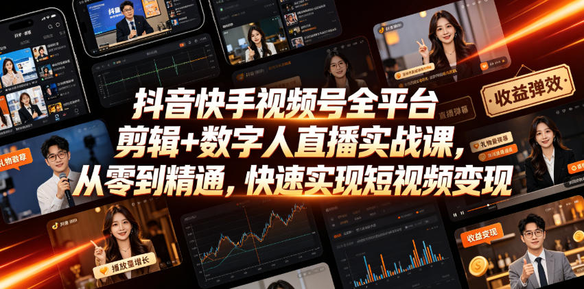 抖音快手视频号全平台剪辑+数字人直播实战课，从零到精通，快速实现短视频变现(更新2026年6月)​-hcnxn