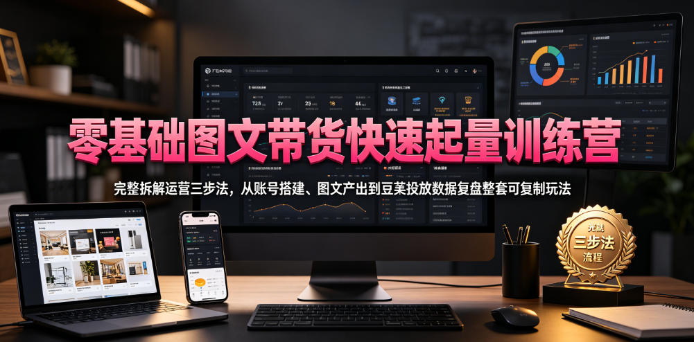 零基础图文带货快速起量训练营，完整拆解运营三步法，从账号搭建、图文产出到豆荚投放数据复盘整套可复制玩法-hcnxn
