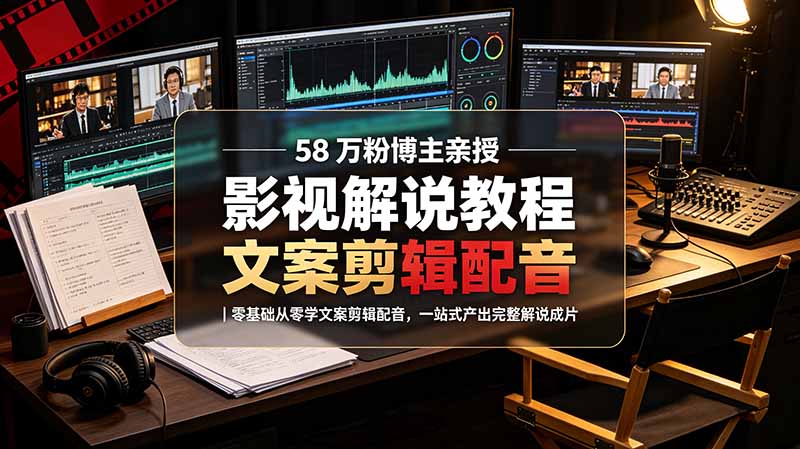 58 万粉博主荧幕春秋亲授影视解说教程｜零基础从零学文案剪辑配音，一站式产出完整解说成片-hcnxn