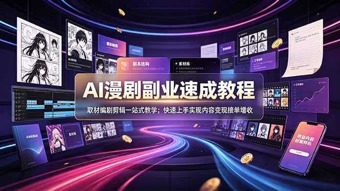 AI漫剧副业速成教程，取材编剧剪辑一站式教学；快速上手实现内容变现接单增收-hcnxn