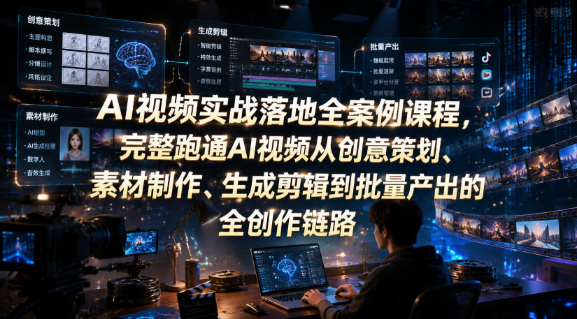 AI视频实战落地全案例课程，完整跑通AI视频从创意策划、素材制作、生成剪辑到批量产出的全创作链路-hcnxn
