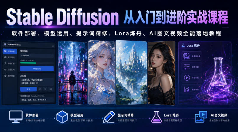 Stable Diffusion从入门到进阶实战课程｜软件部署、模型运用、提示词精修、Lora炼丹、AI图文视频全能落地教程-hcnxn