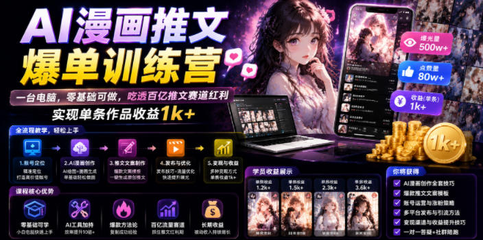 AI漫画推文爆单训练营，一台电脑，零基础可做，吃透百亿推文赛道红利，实现单条作品收益1k+-hcnxn