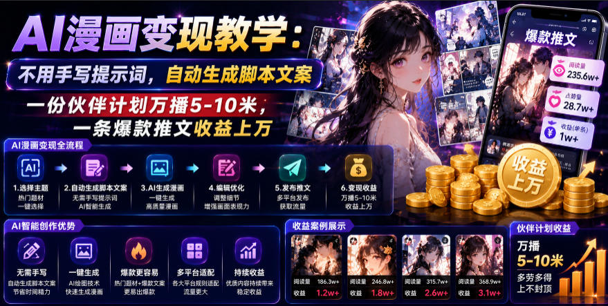 AI漫画变现教学：不用手写提示词，自动生成脚本文案，一份伙伴计划万播5-10米，一条爆款推文收益上W-hcnxn