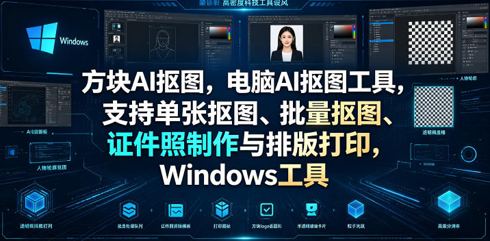 方块AI抠图，电脑AI抠图工具，支持单张抠图、批量抠图、证件照制作与排版打印，Windows工具-hcnxn