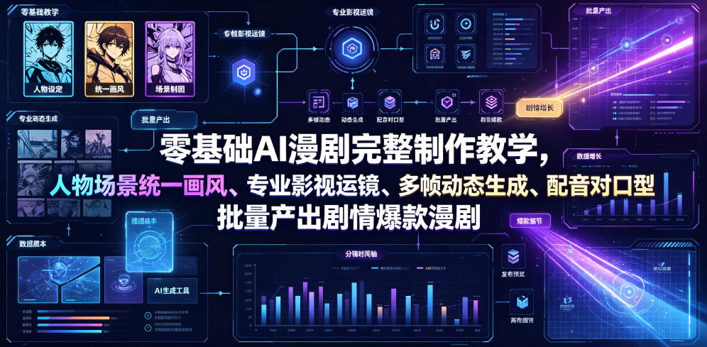 零基础AI漫剧完整制作教学，人物场景统一画风、专业影视运镜、多帧动态生成、配音对口型，批量产出剧情爆款漫剧-hcnxn