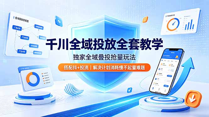 千川全域投放全套教学，独家全域叠投抢量玩法，搭配抖+投流，解决计划消耗慢不起量难题-hcnxn