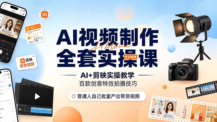 AI视频制作全套实操课，多款AI工具搭配剪映教学，百种特效运镜拍摄实操，抖音账号带货运营全覆盖-hcnxn