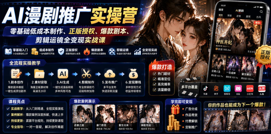 AI漫剧推广实操营｜零基础低成本制作、正版授权、爆款剧本、剪辑运镜全变现实战课-hcnxn