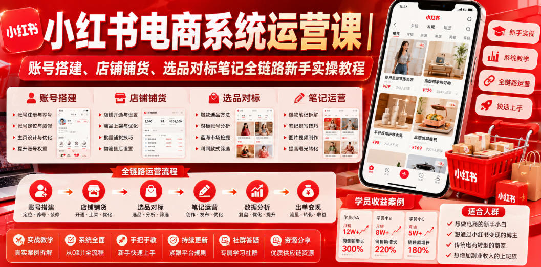 小红书电商系统运营课｜账号搭建、店铺铺货、选品对标笔记全链路新手实操教程-hcnxn