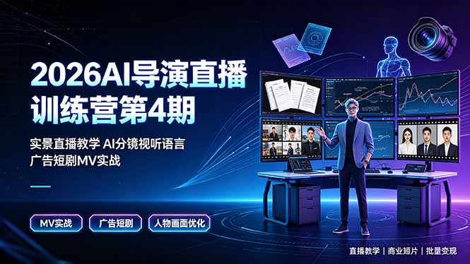 2026AI导演直播训练营第4期，实景直播教学AI分镜视听语言，广告短剧MV实战，解决人物画面崩坏痛点-hcnxn
