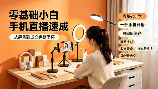 零基础小白手机直播速成，从筹备到成交完整闭环，适配苹果安卓系统，解决杂音卡顿留人难问题-hcnxn