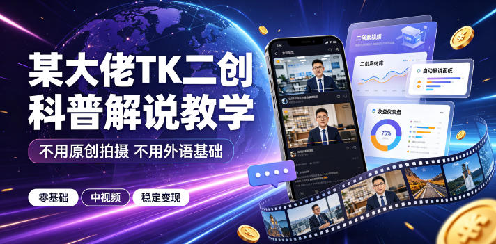 某大佬TK二创科普解说教学，不用原创拍摄不用外语基础，零基础做TikTok中视频稳定变现-hcnxn