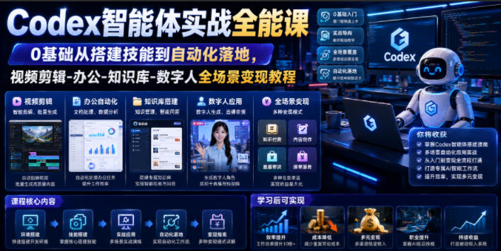 Codex智能体实战全能课｜0基础从搭建技能到自动化落地，视频剪辑-办公-知识库-数字人全场景变现教程-hcnxn