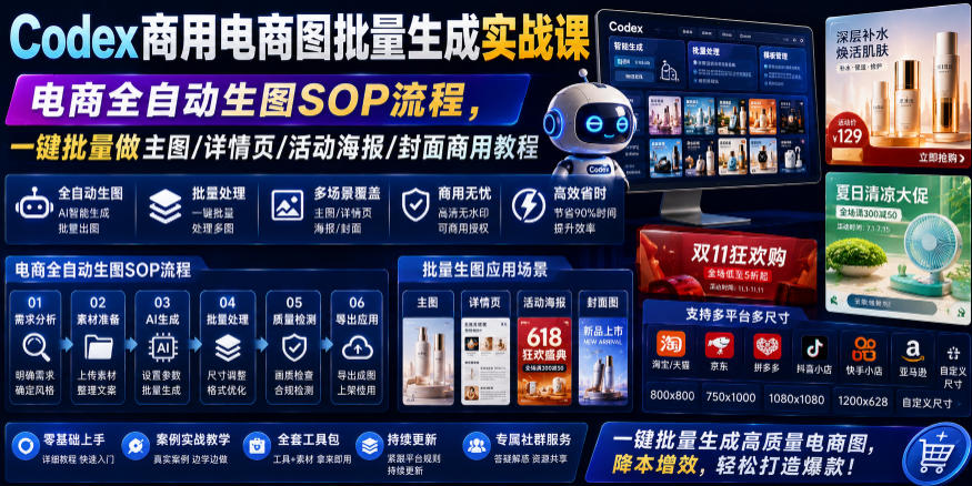 Codex商用电商图批量生成实战课｜电商全自动生图SOP流程，一键批量做主图/详情页/活动海报/封面商用教程-hcnxn