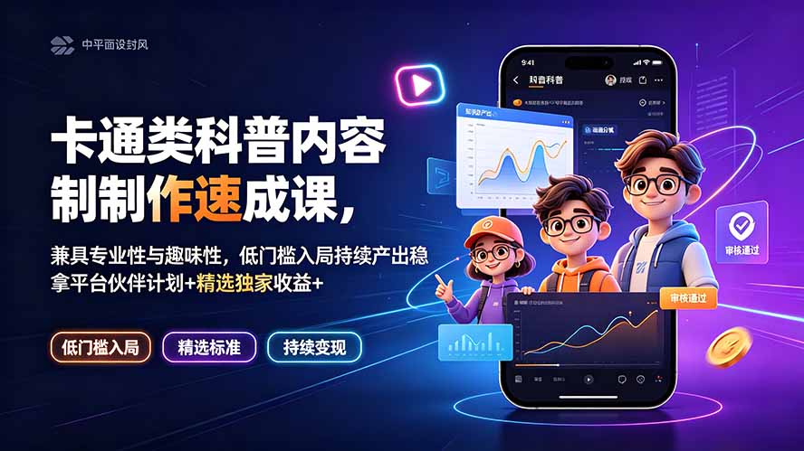 卡通类科普内容制作速成课，兼具专业性与趣味性，低门槛入局持续产出稳拿平台伙伴计划+精选独家收益-hcnxn