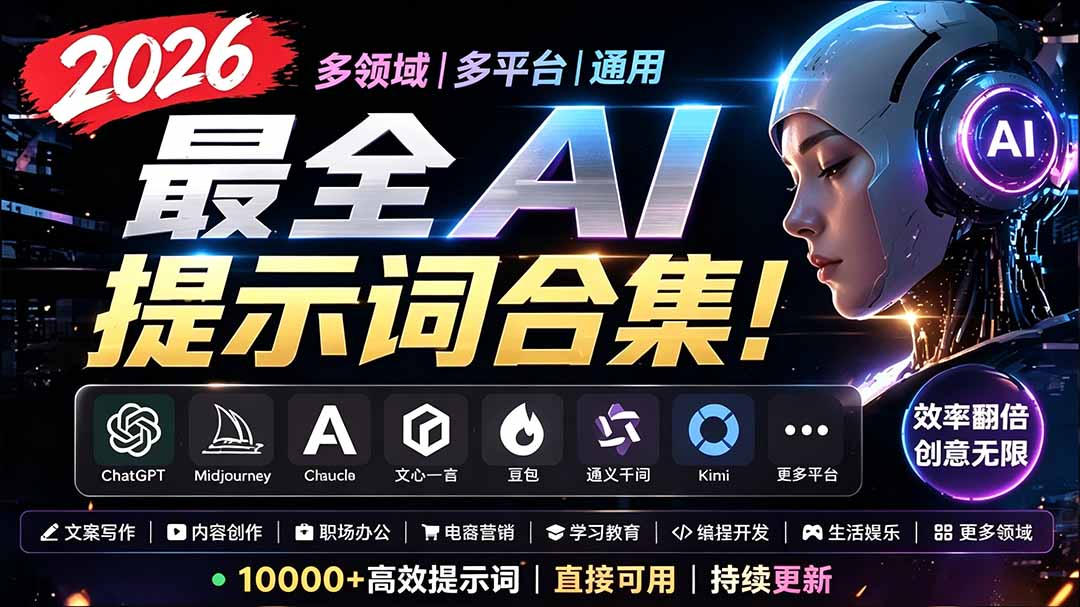 2026最全AI提示词合集！多领域多平台通用，涵盖AI绘画、电商主图、爆款文案，脚本创作等-hcnxn