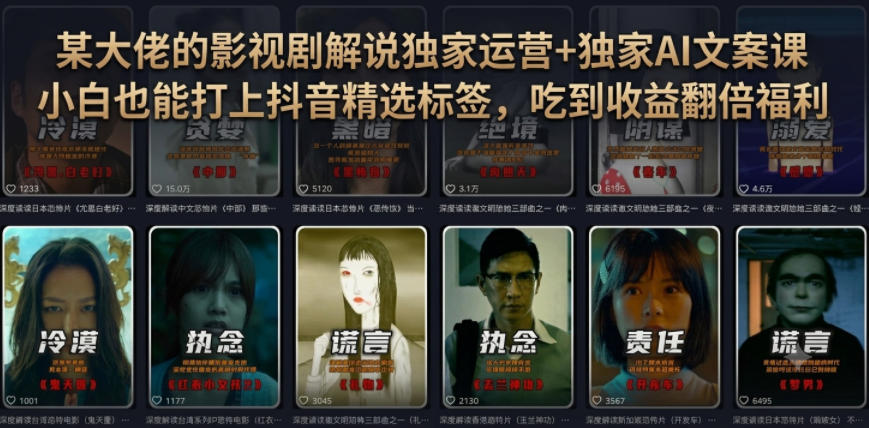 某大佬的影视剧解说独家运营+独家AI文案课，小白0粉丝也能快速打上抖音精选标签、吃到收益翻倍福利-hcnxn
